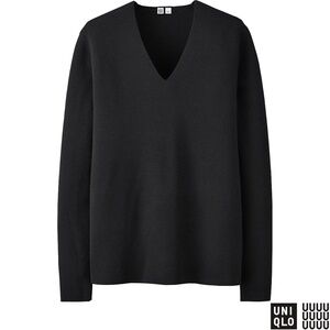UNIQLO U Ribbed Milano V-Neck Wool Sweater in Black Size XS - NWOT